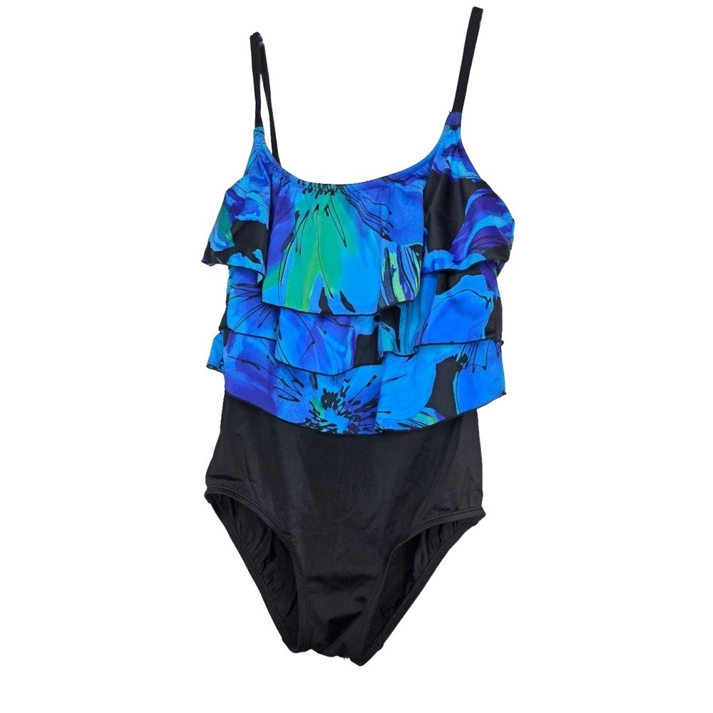 Robby Len One Piece Swimsuit‎ Black Blue Ruffle LayeredFloral Bathing Suit SZ 12